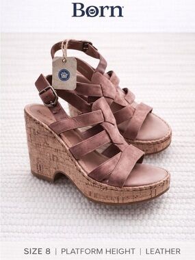 Born Leather Strappy Platform Wedge Sandals Brown Comfort Size 8